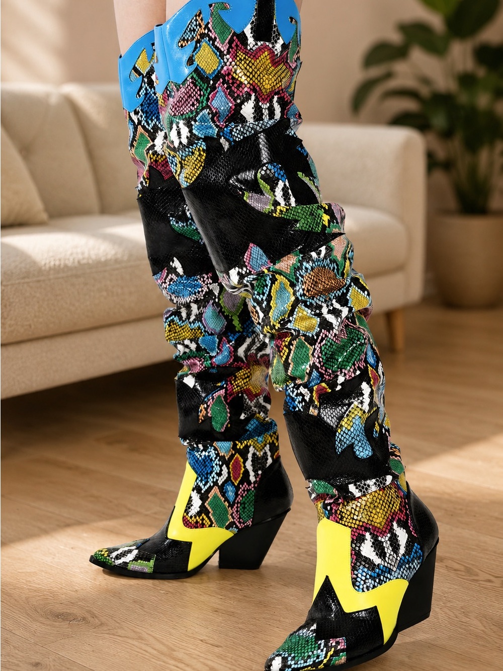 Gorgeous Statement Multicolor Snake-Print Slouchy Western over the knee boots.👢